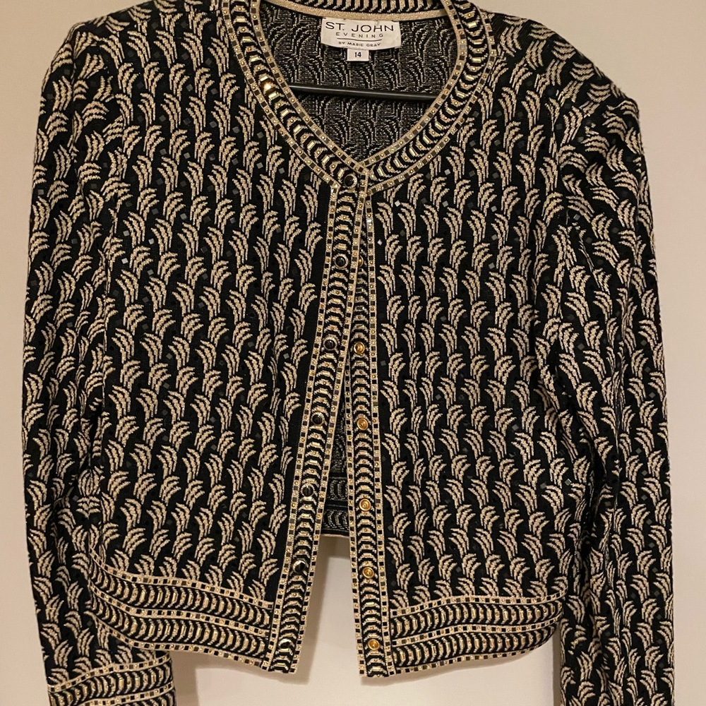 ST. JOHN Black and Gold Collarless Jacket